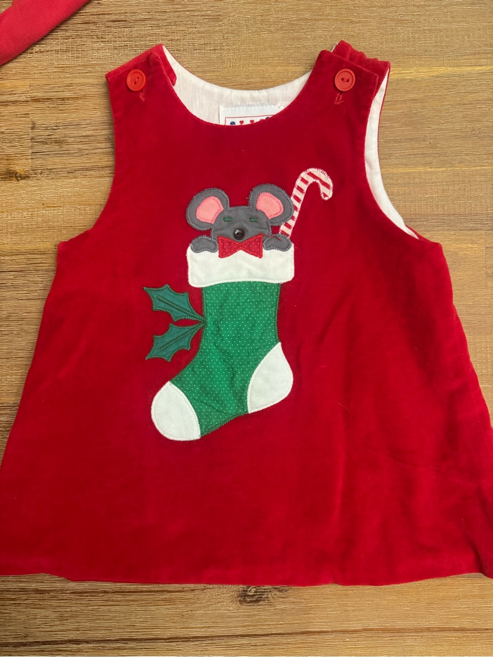 Red Holiday Appliqué Kids Dress Top - Mouse in Stocking